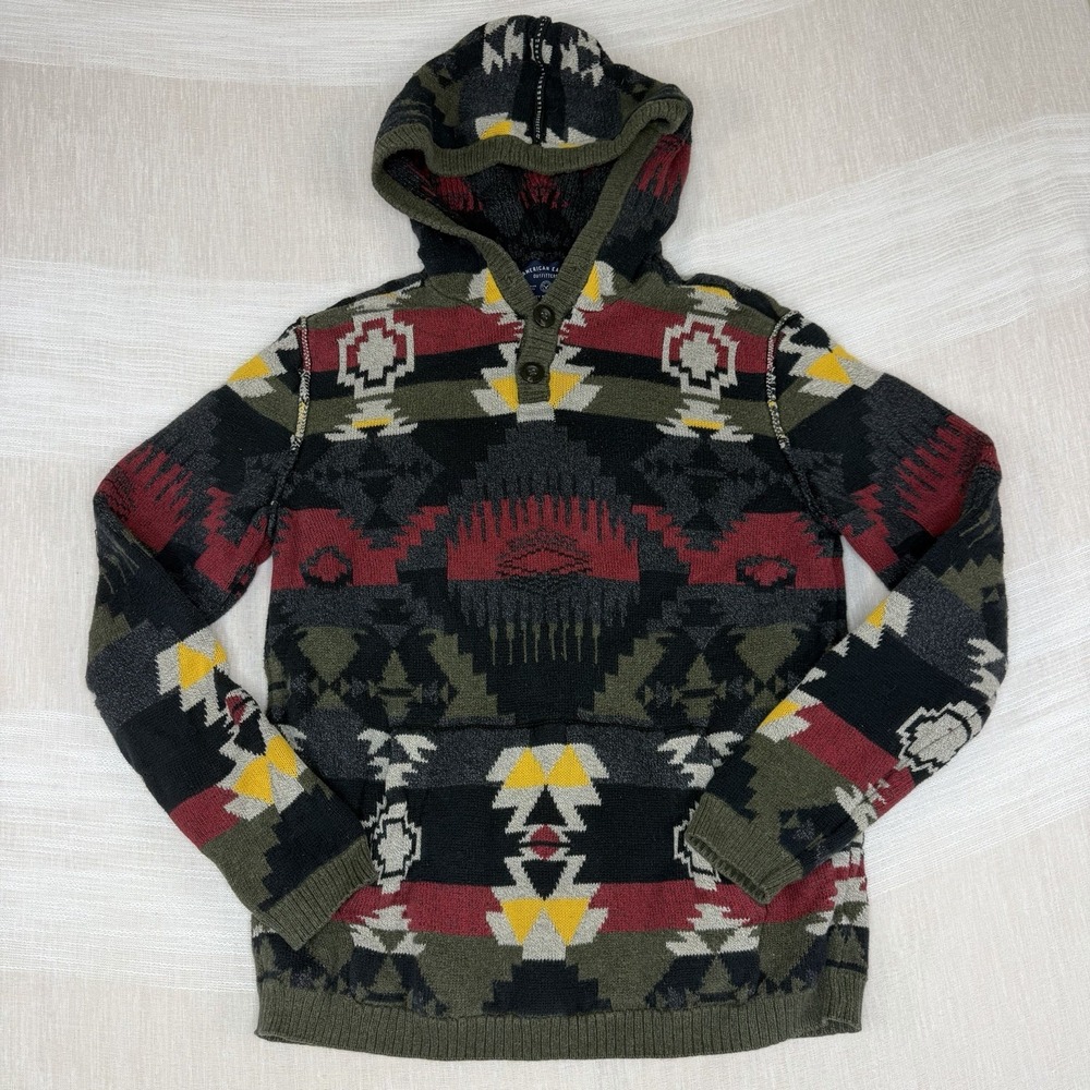 American Eagle Aztec Men's Hooded Sweater Size Tag S Fit XS Southwest Pullover